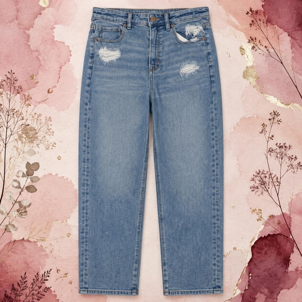 American Eagle High Rise Distressed Straight Jeans Women 10 Light Wash Y2K Blue